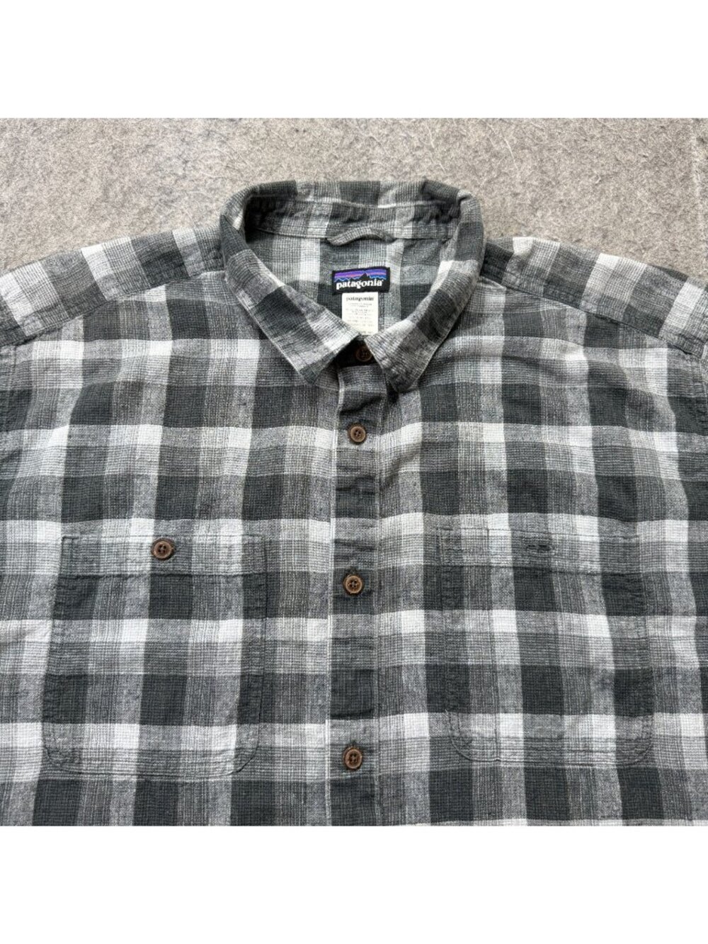 Patagonia Migration Hemp Organic Cotton Shirt XL Gray Plaid Short Sleeve 53138